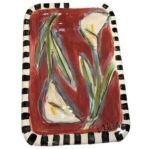 Two White Tulips SIGNED Victoria Heisler Flower Tray. Hand-painted Platter